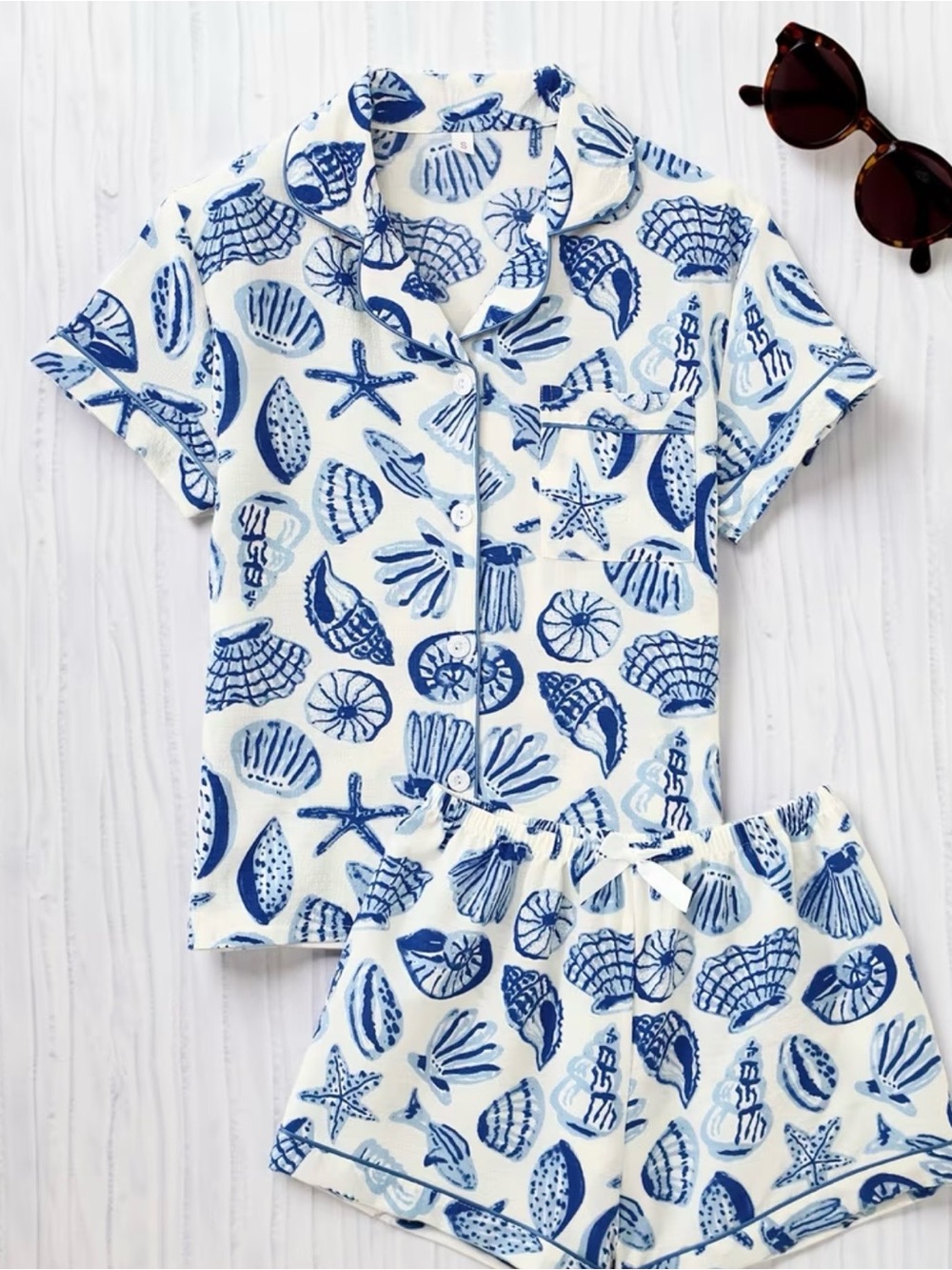 Women's Blue Seashell Short Pajama Set - Coastal Print-Size Large